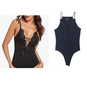 Express Ribbed Lace Up Applique Bodysuit Black Size Extra Small